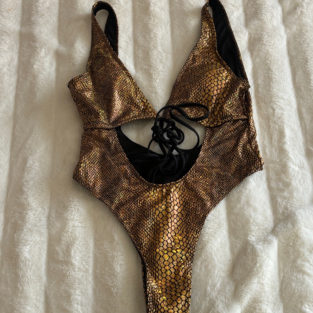 Metallic Gold Snake-Print One-Piece Swimsuit